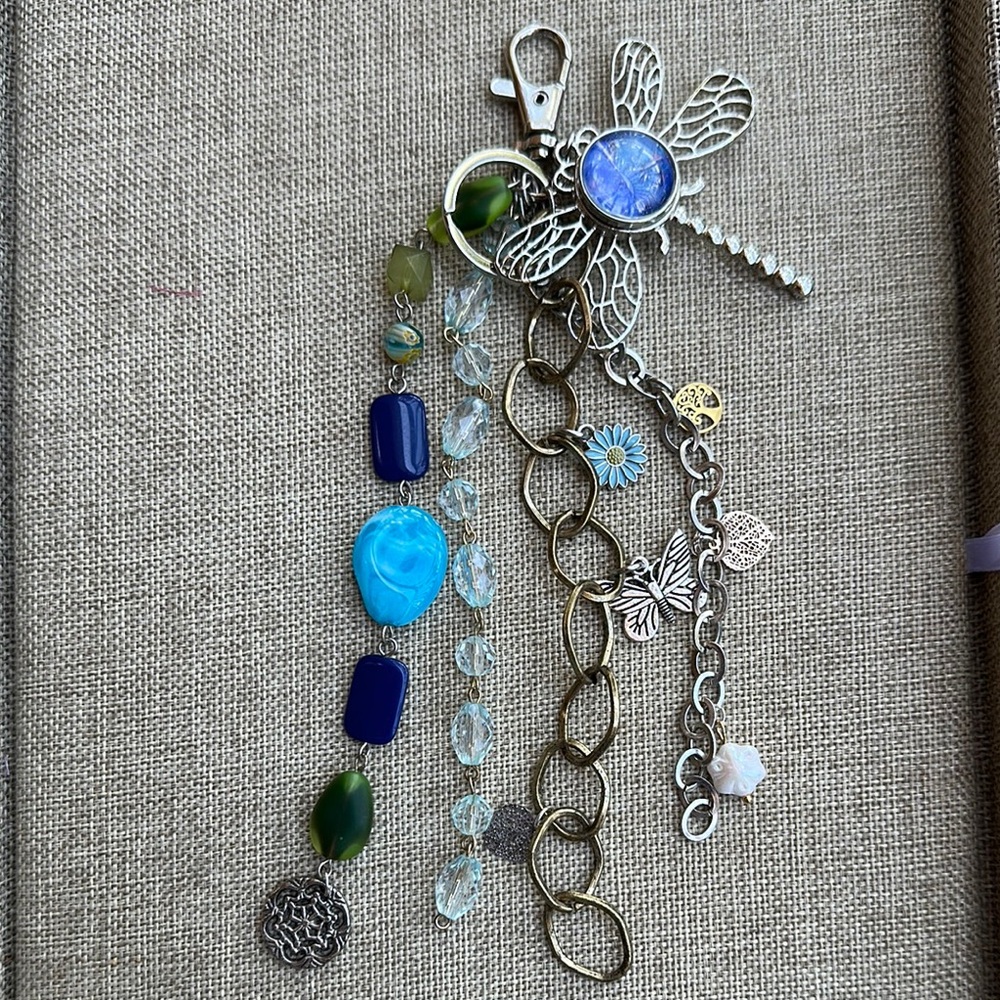 Silver Dragonfly Keychain Charm Bag with Blue and Green Beads